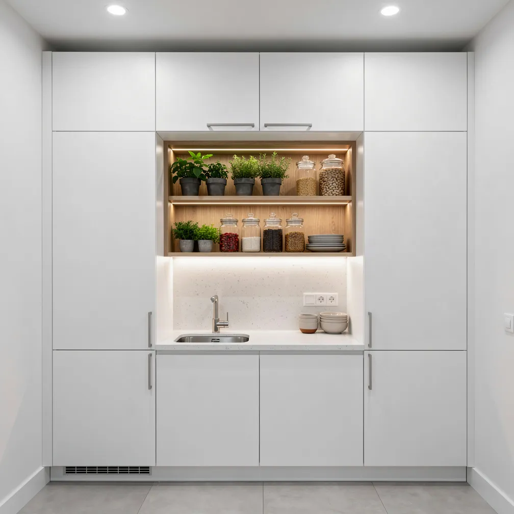 Petite cuisine moderne avec placards du sol au plafond