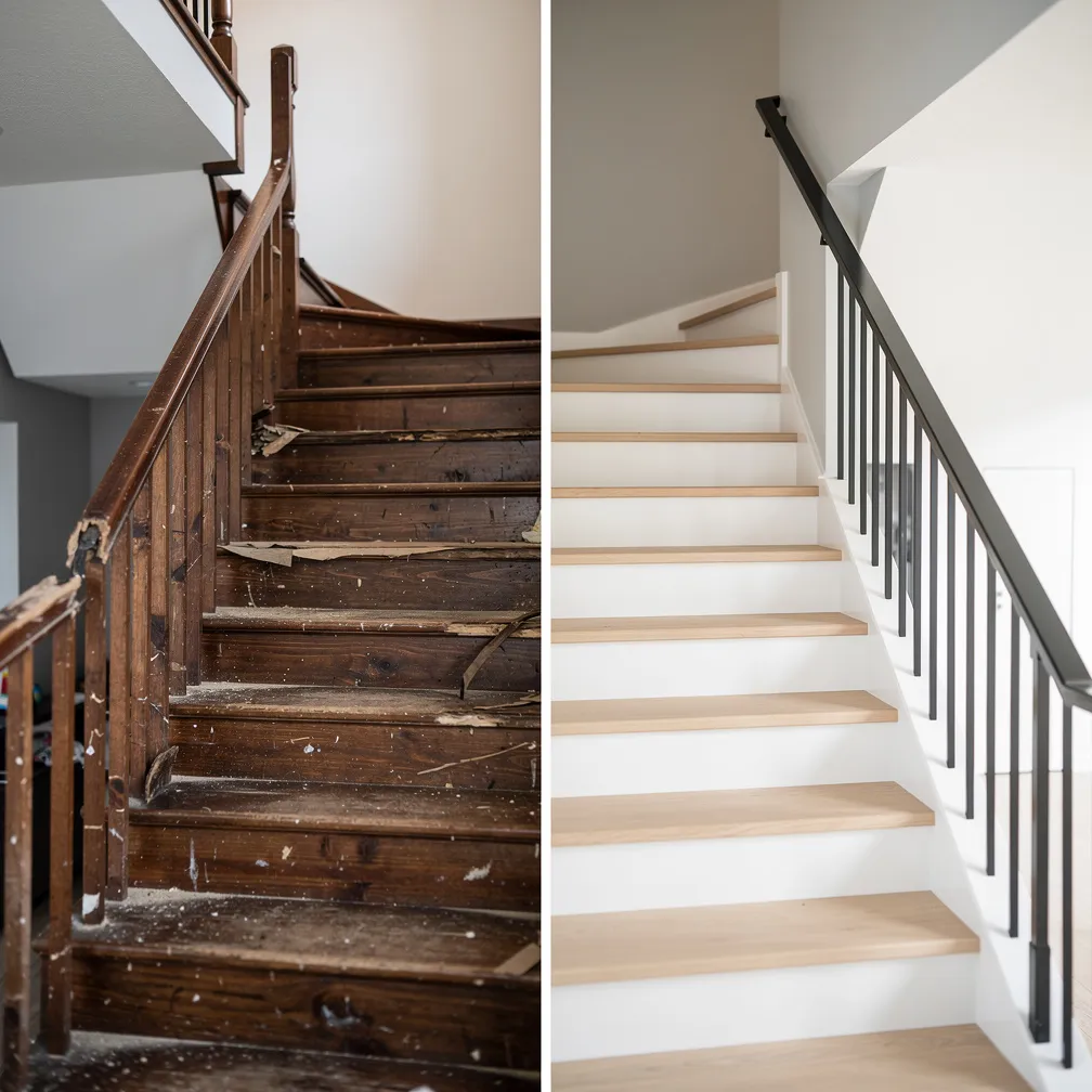 Escalier en bois avant et après rénovation avec marches chêne et rampe métal