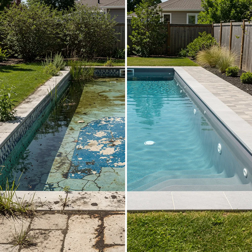 Piscine avant et après rénovation avec nouveau liner et margelles modernes