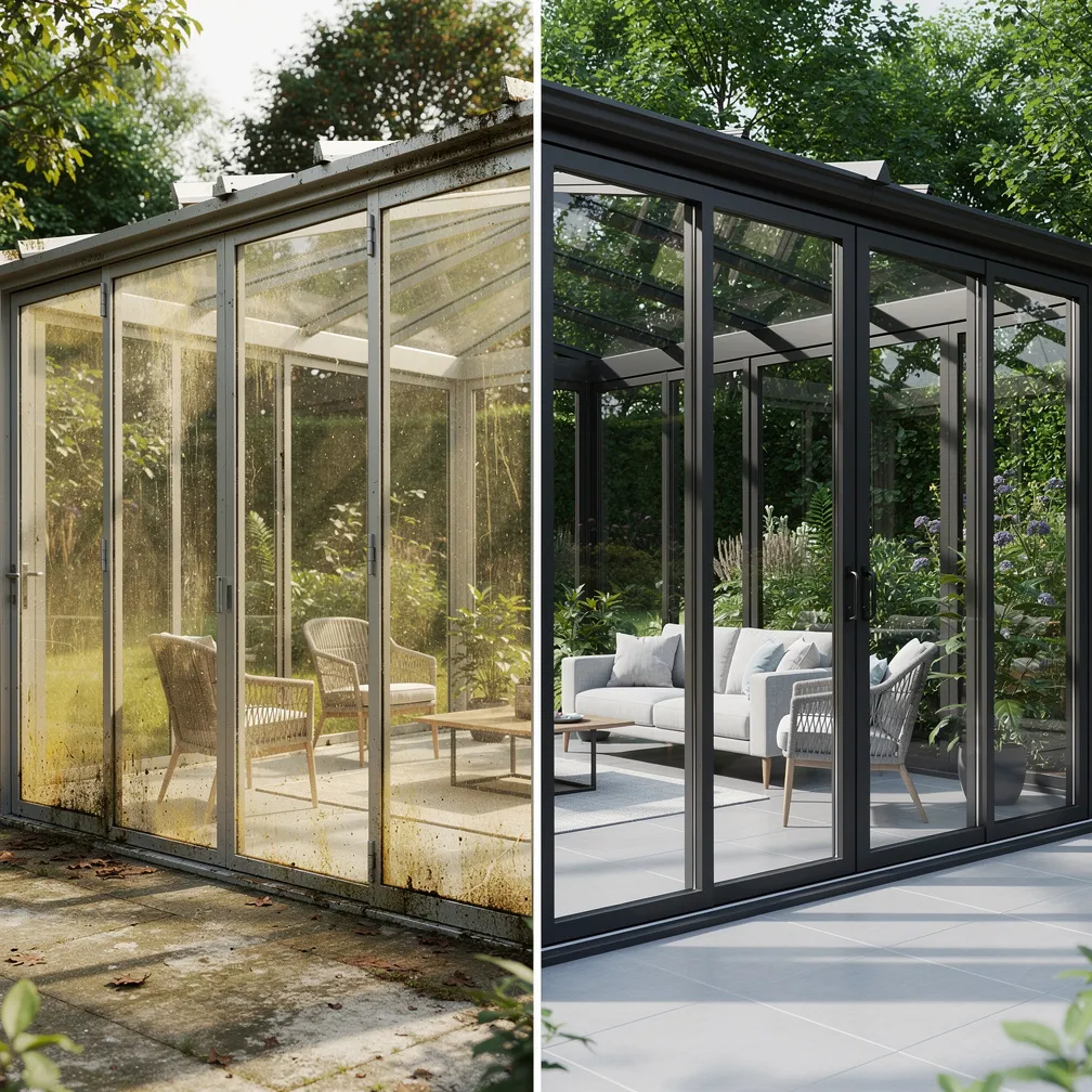 Véranda avant et après rénovation avec structure moderne et double vitrage