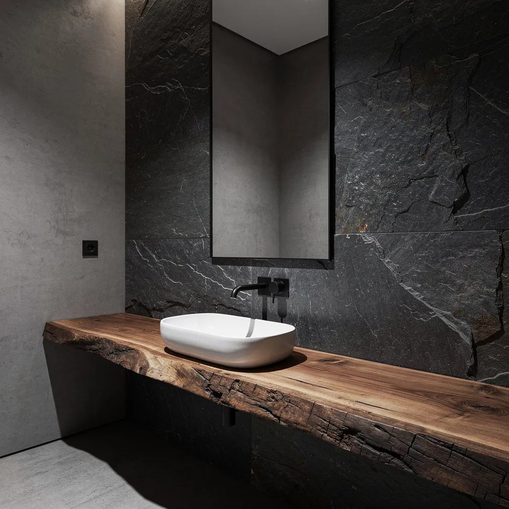 Salle de bain contemporaine avec mur en basalte gris et plan vasque bois brut