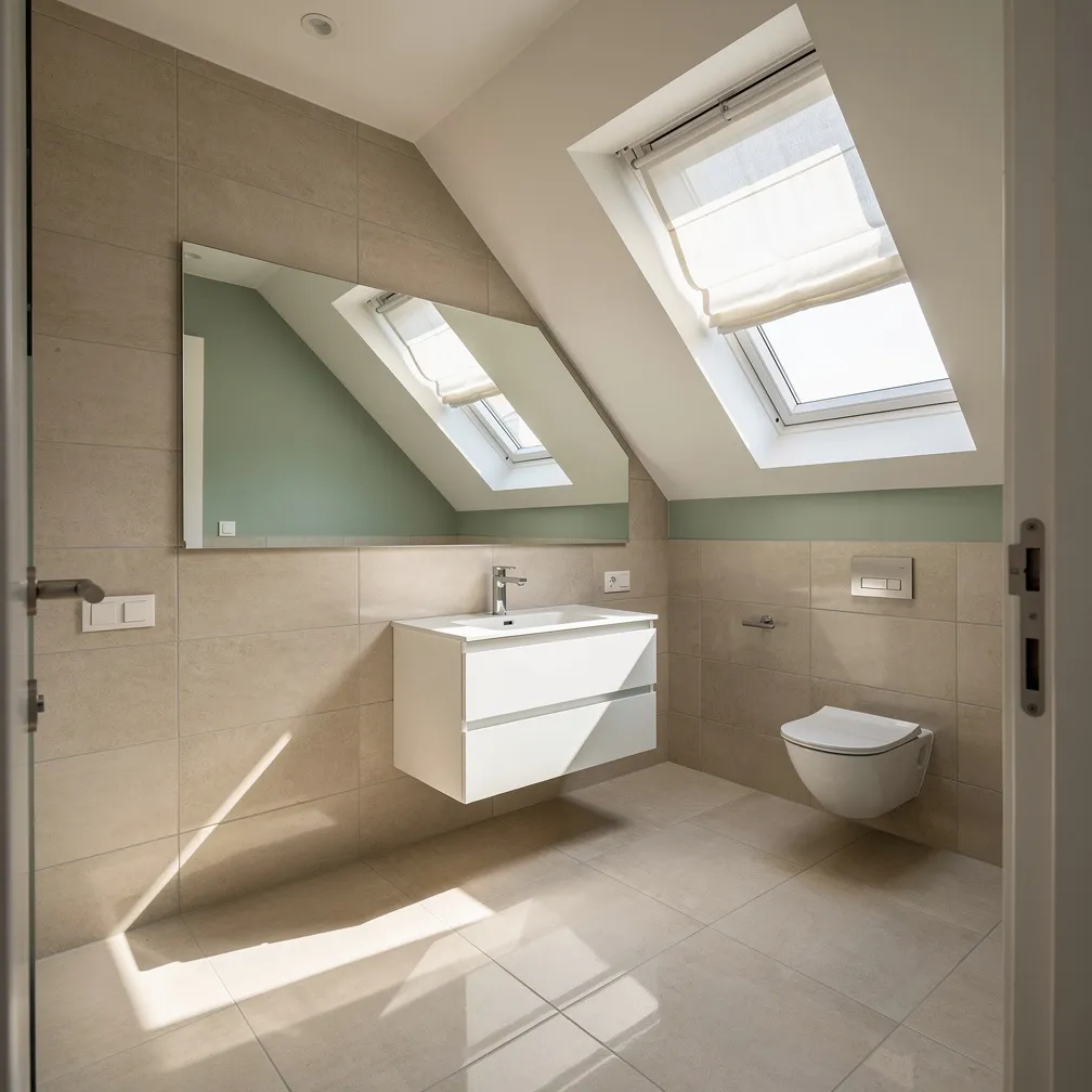 Salle de bain sous comble lumineuse avec mur vert sauge et grand miroir