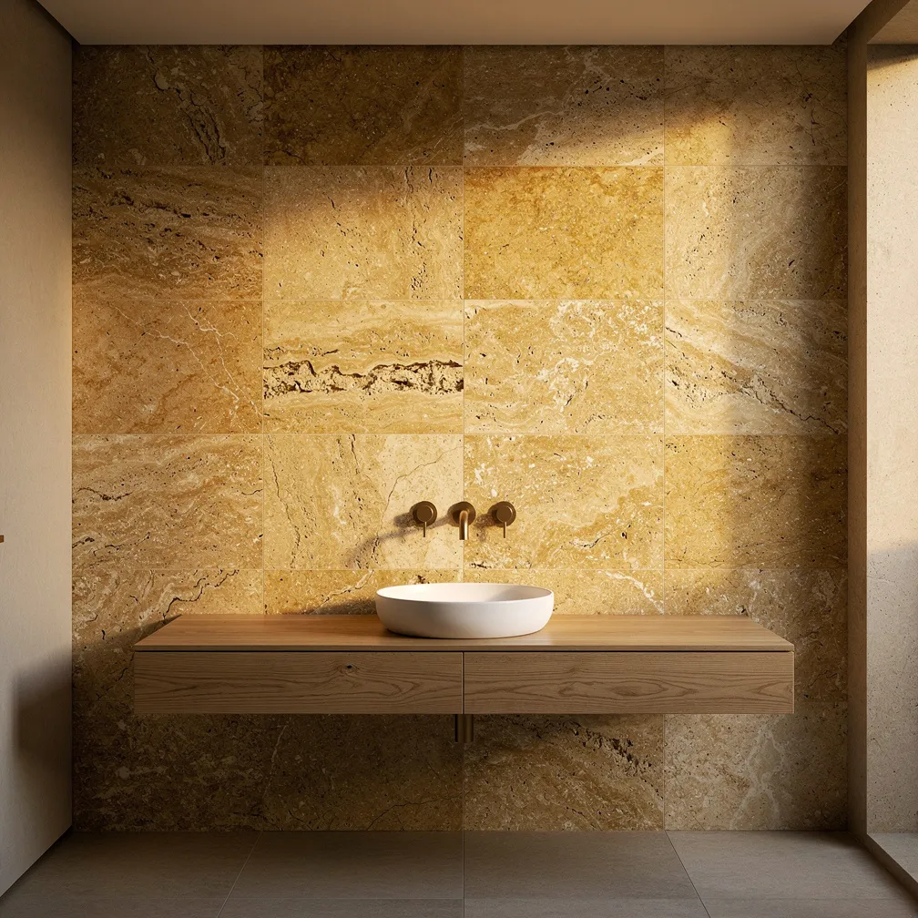 Salle de bain avec mur en travertin doré et meuble vasque en chêne
