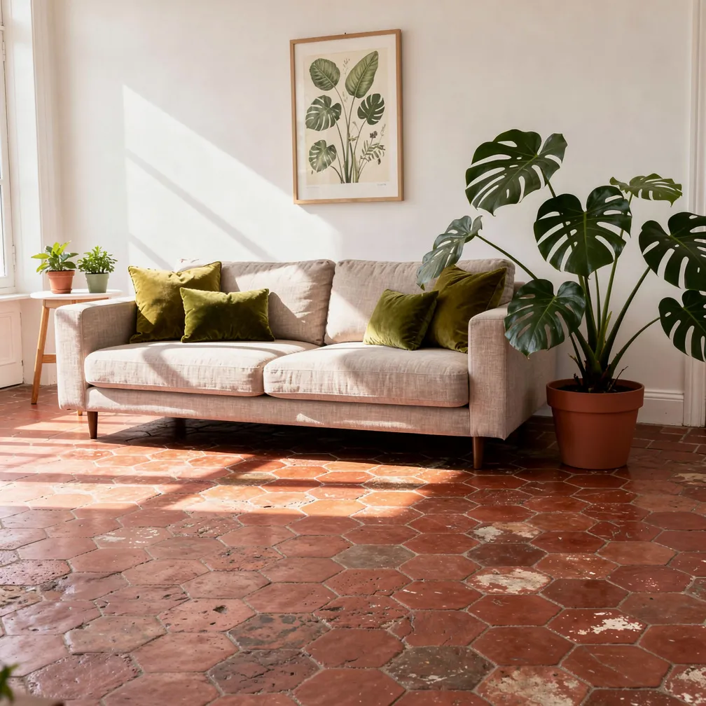 Salon avec tomettes rouges et touches de vert olive en coussins et plantes