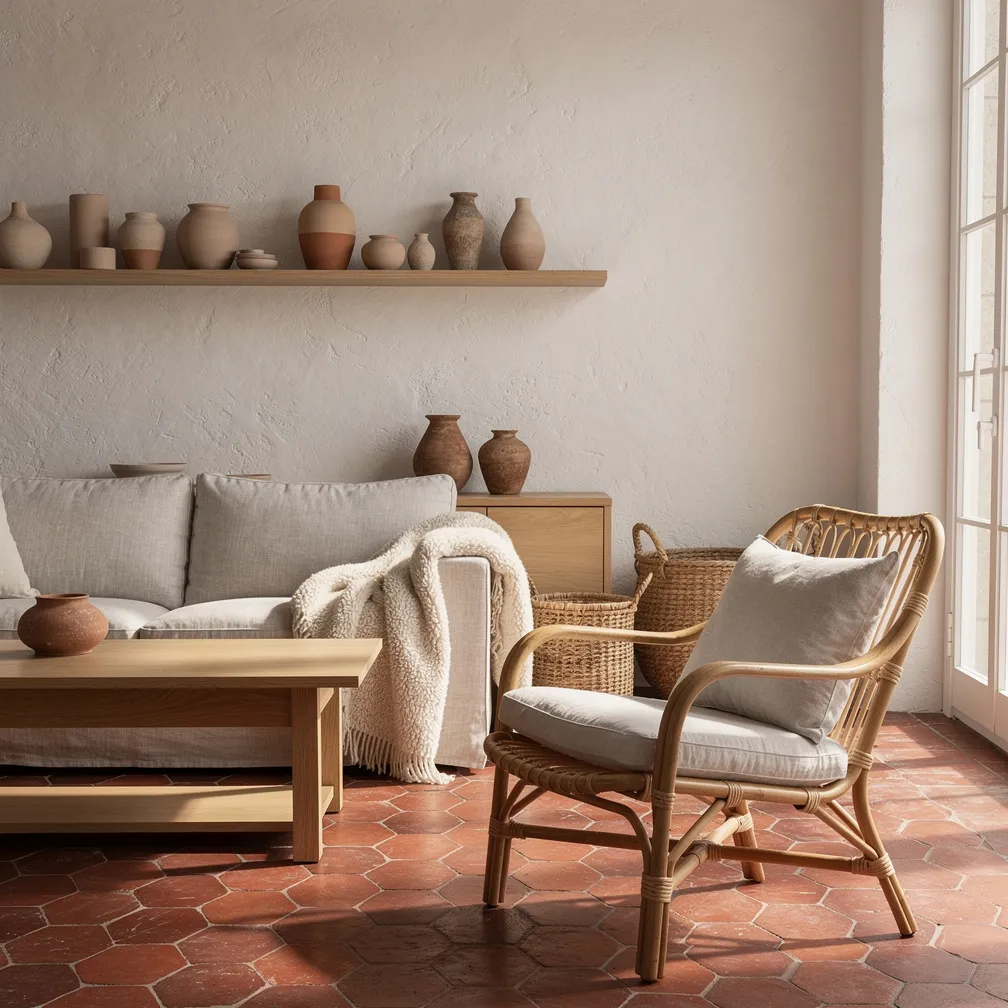 Salon provençal avec tomettes et mobilier en bois rotin et matières naturelles