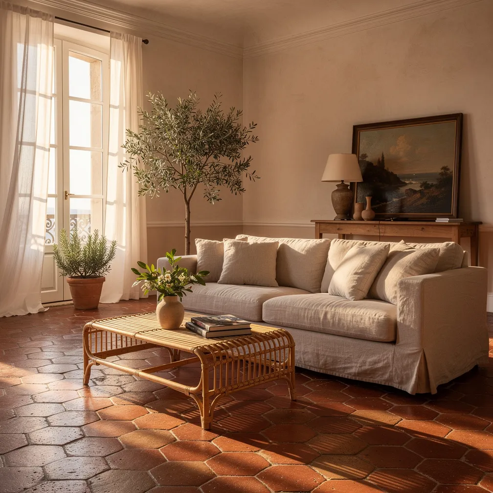 Salon avec sol en tomettes rouges hexagonales et murs blancs ivoire