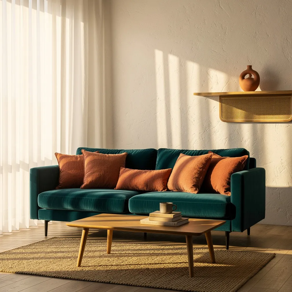 Salon avec canapé turquoise et coussins terracotta
