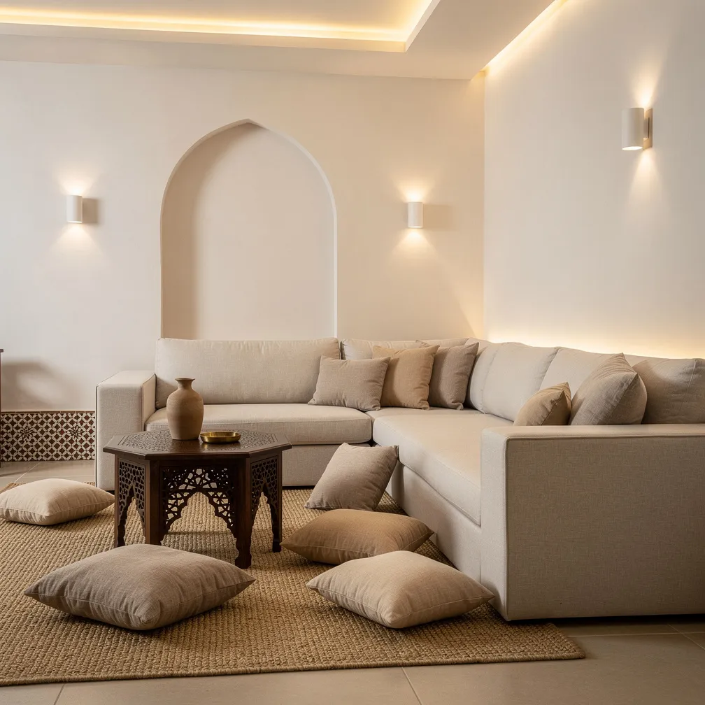 Salon marocain moderne avec sedari bas en lin et coussins neutres