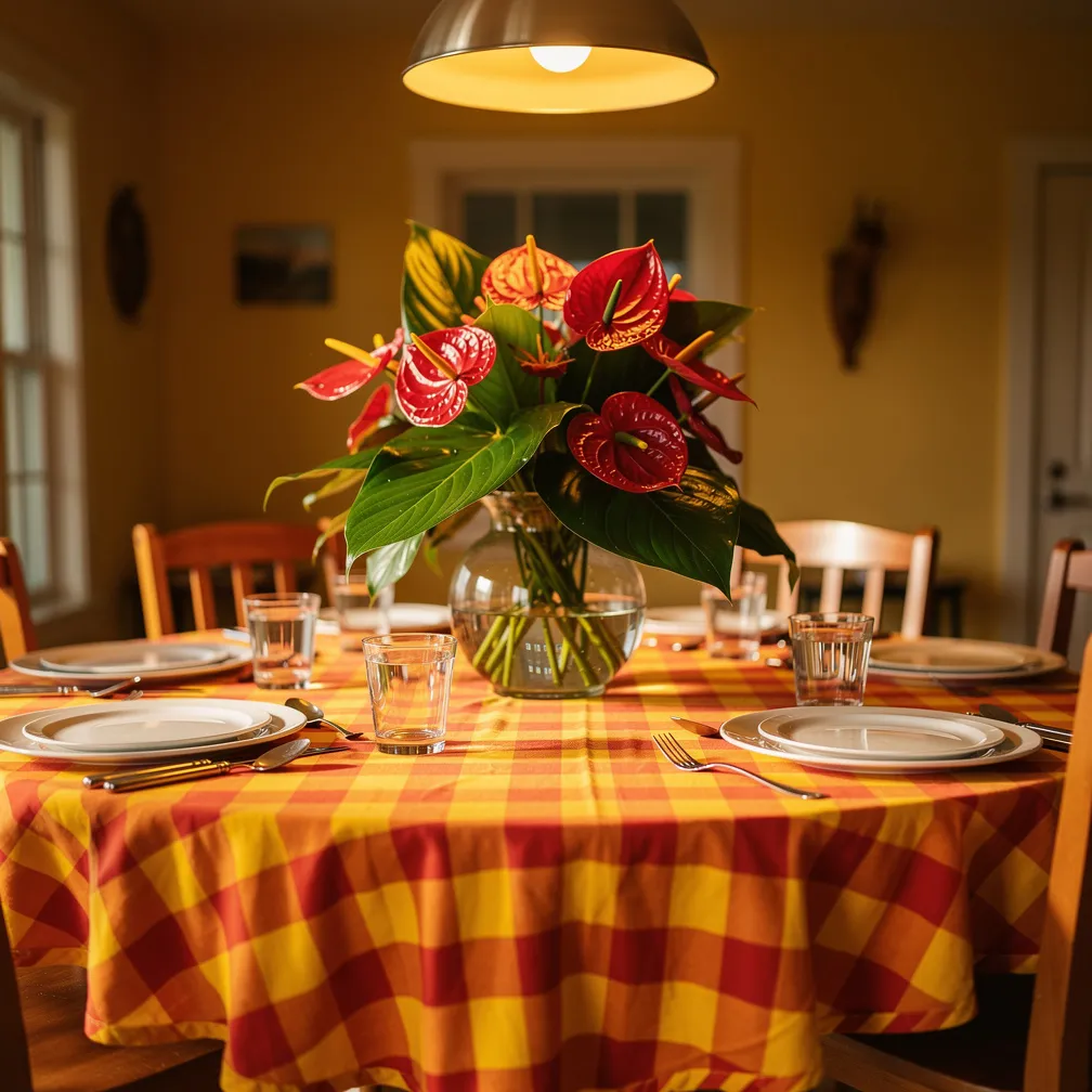 Table dressée style antillais avec nappe madras et anthuriums rouges