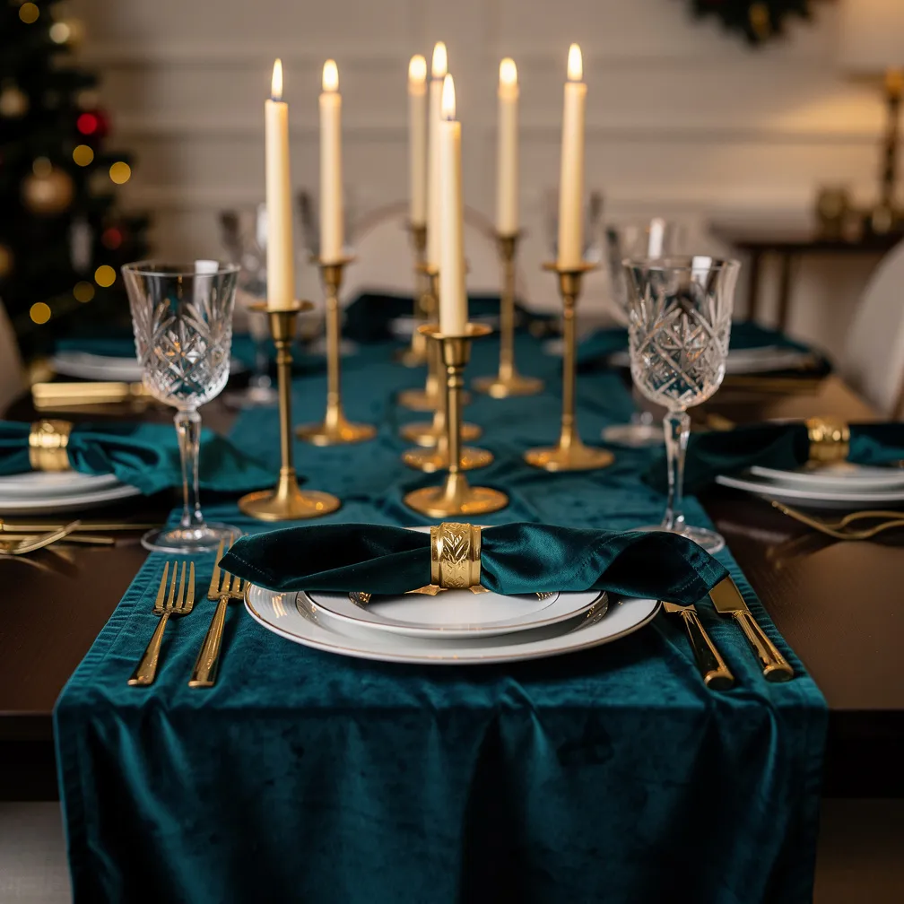 Table de fête avec chemin velours bleu canard et couverts dorés