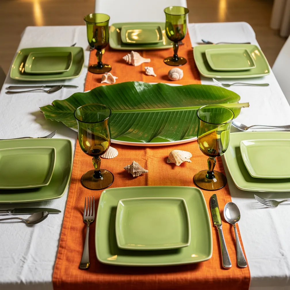Table tropicale avec chemin orange mandarine et vaisselle verte