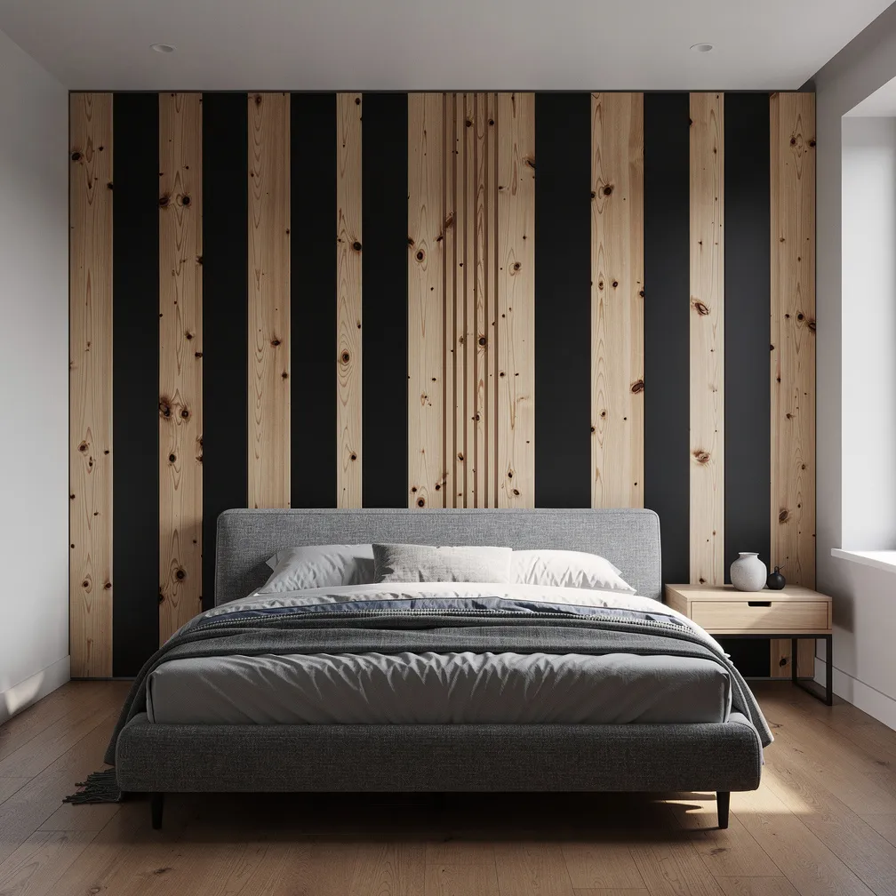 Tête de lit en tasseaux de bois verticaux alternés naturel et noir mat
