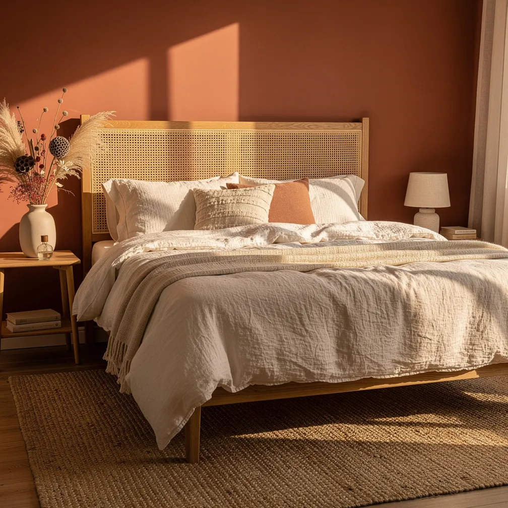 Chambre bohème avec tête de lit en cannage naturel et mur terracotta