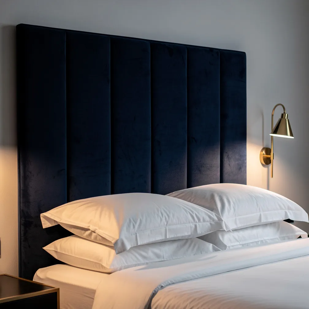 Chambre élégante avec tête de lit capitonnée en velours bleu nuit