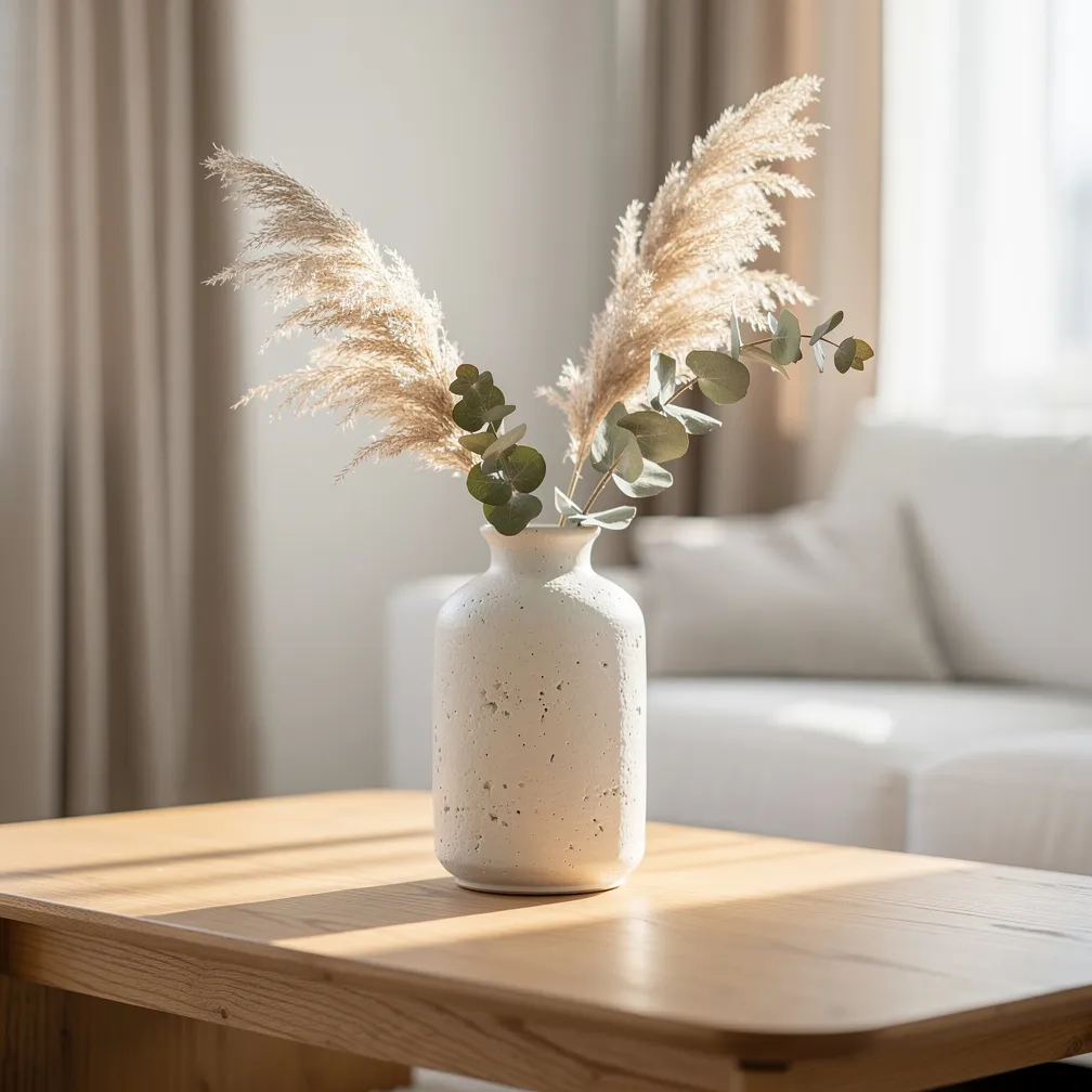 Vase artisanal avec herbes de pampa et eucalyptus sur table basse