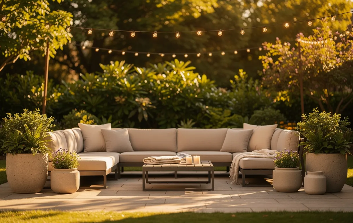 Un jardin aménagé avec des guirlandes lumineuses, des plantes décoratives et un coin salon moderne entouré de verdure au coucher du soleil.