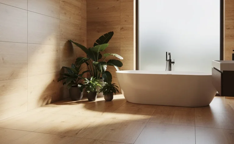 Salle de bain moderne avec carrelage effet bois, baignoire autoportante, plantes vertes et lumière naturelle tamisée.