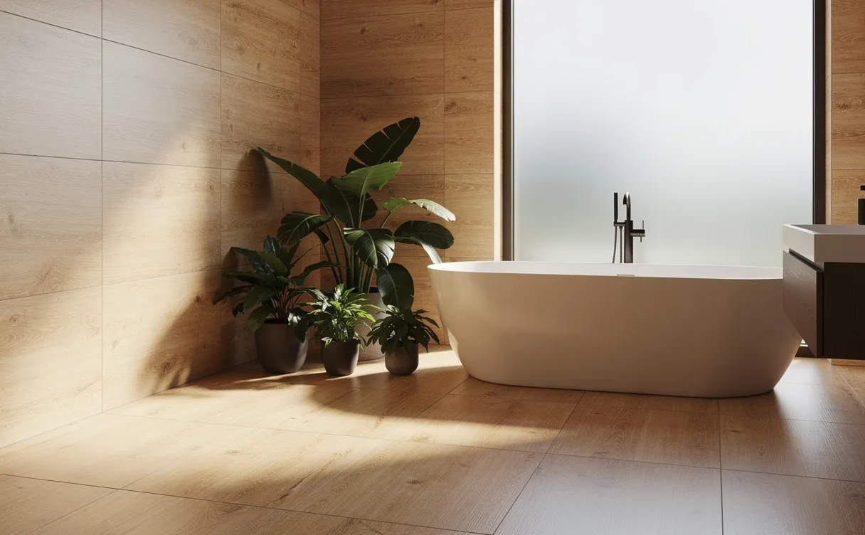 Salle de bain moderne avec carrelage effet bois, baignoire autoportante, plantes vertes et lumière naturelle tamisée.