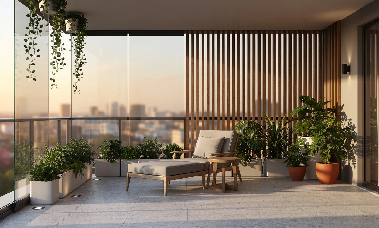 Un balcon moderne fermé par des panneaux de verre, des lattes de bois et des plantes vertes, baigné d’une lumière douce en fin de journée.