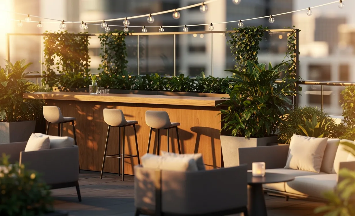 Bar en plein air intégré à une terrasse moderne, avec comptoir en bois, végétation, guirlandes lumineuses et assises confortables sous une lumière dorée.