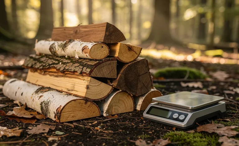 Des bûches de différentes essences et humidités sont empilées près d’une balance sur un sol forestier éclairé par une lumière matinale douce.