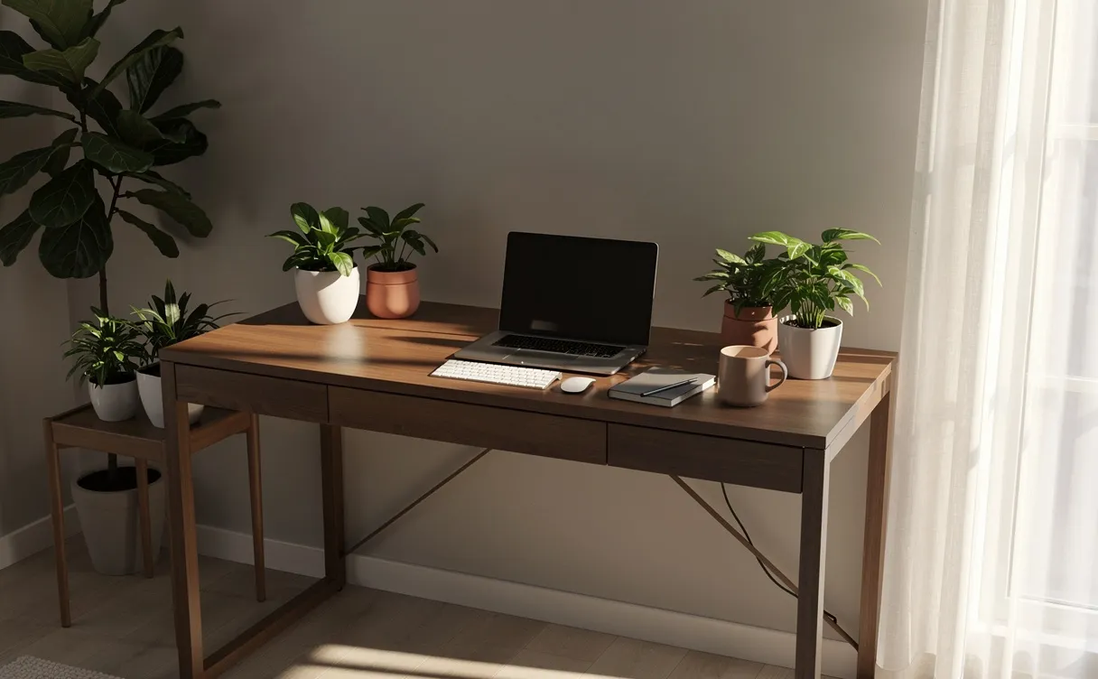 Un coin bureau moderne avec un bureau en bois, des plantes vertes et de la lumière naturelle entrant par la fenêtre.