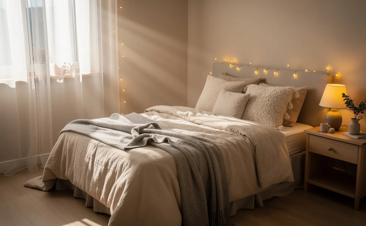 Une petite chambre douillette avec des couvertures, des coussins moelleux et des guirlandes lumineuses, baignée de lumière naturelle à travers un rideau vaporeux sur une décoration aux tons neutres.
