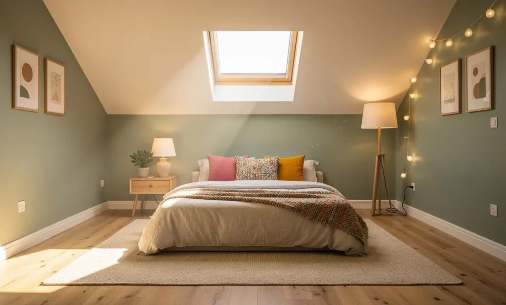 Chambre mansardée douillette aux murs vert sauge et crème, éclairée par un puits de lumière laissant entrer le soleil.