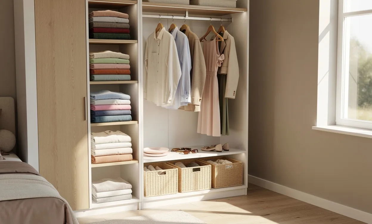 Petit coin de chambre aménagé en penderie avec étagères ouvertes, portants, paniers tressés et vêtements bien rangés, baigné de lumière naturelle.
