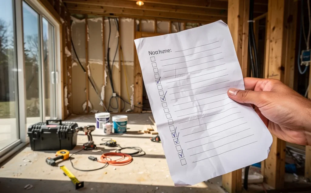 Une main tient une liste de contrôle à l’entrée d’une maison en rénovation, entourée d’outils et de murs dénudés sous la lumière du jour.