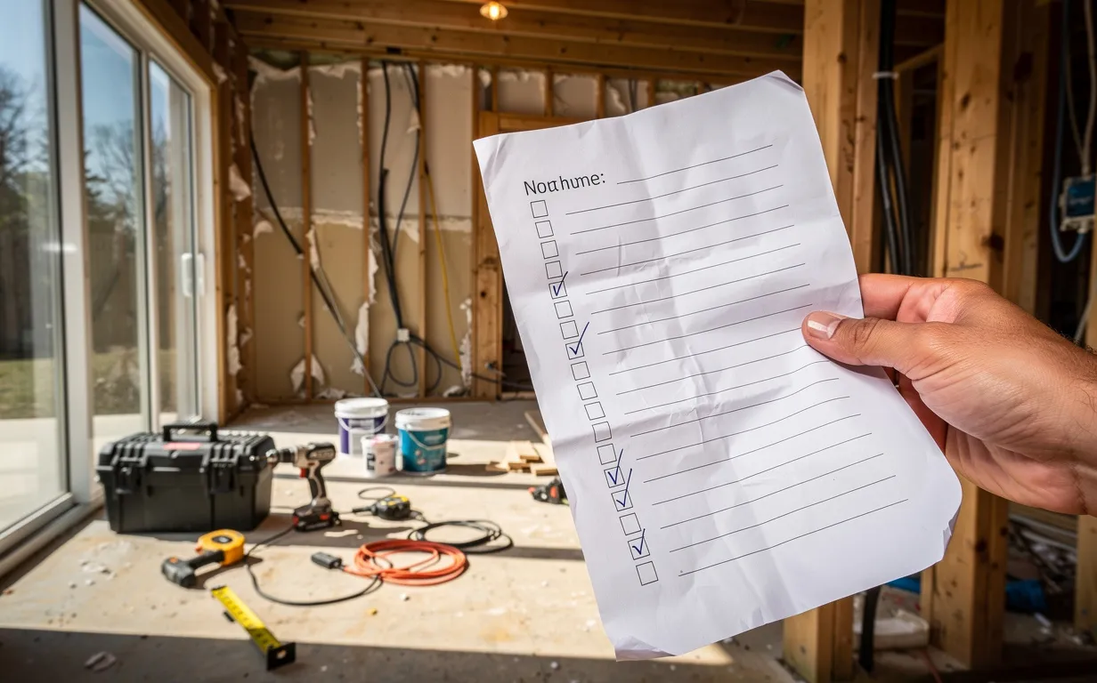 Une main tient une liste de contrôle à l’entrée d’une maison en rénovation, entourée d’outils et de murs dénudés sous la lumière du jour.