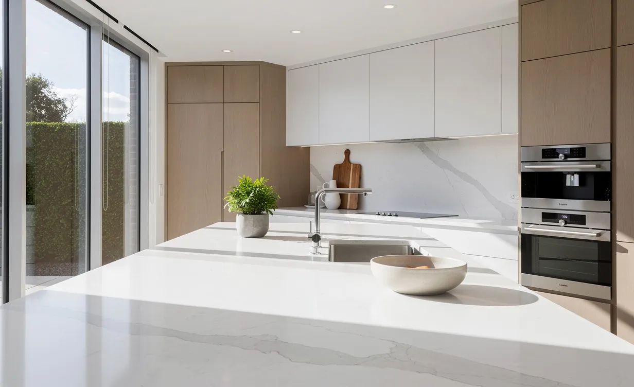 Cuisine moderne avec un plan de travail en quartz et la lumière du soleil filtrant par de grandes fenêtres.
