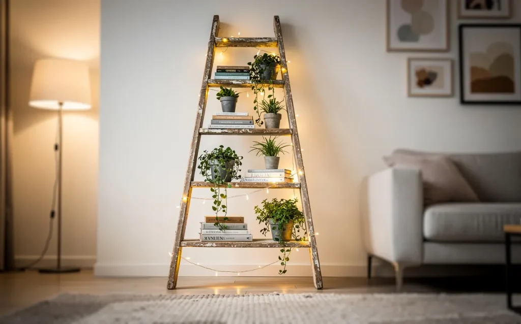Une vieille échelle en bois transformée en élément décoratif porte des plantes en pot, des livres et des guirlandes lumineuses dans un salon moderne à l’ambiance chaleureuse.