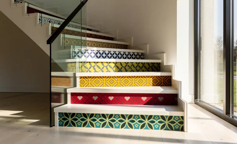 Escalier moderne avec contremarches décorées de papiers peints géométriques colorés et éclairées par la lumière du jour.