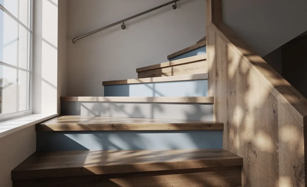 Un escalier en bois élégant partiellement peint en gris, bleu et bois naturel, baigné de lumière avec des ombres sur les marches.