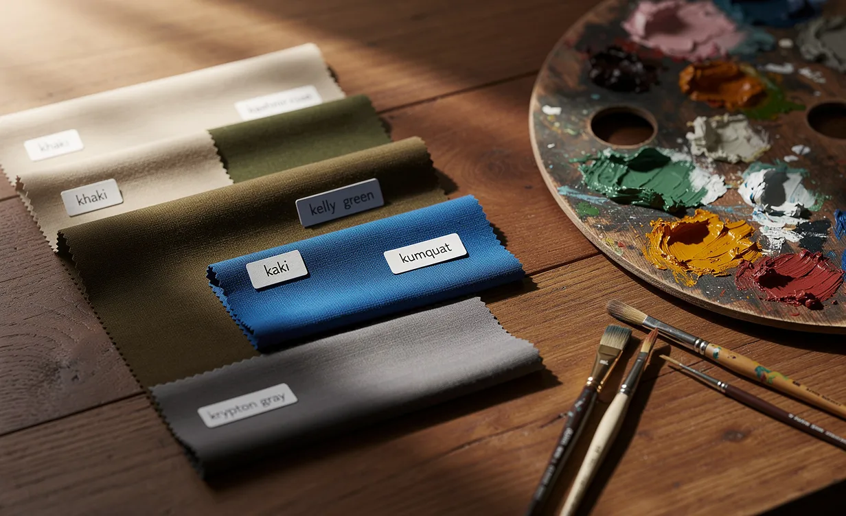 Des échantillons de tissus étiquetés kaki et bleu klein, disposés sur une table en bois avec une palette de peintre et des pinceaux sous une lumière naturelle.