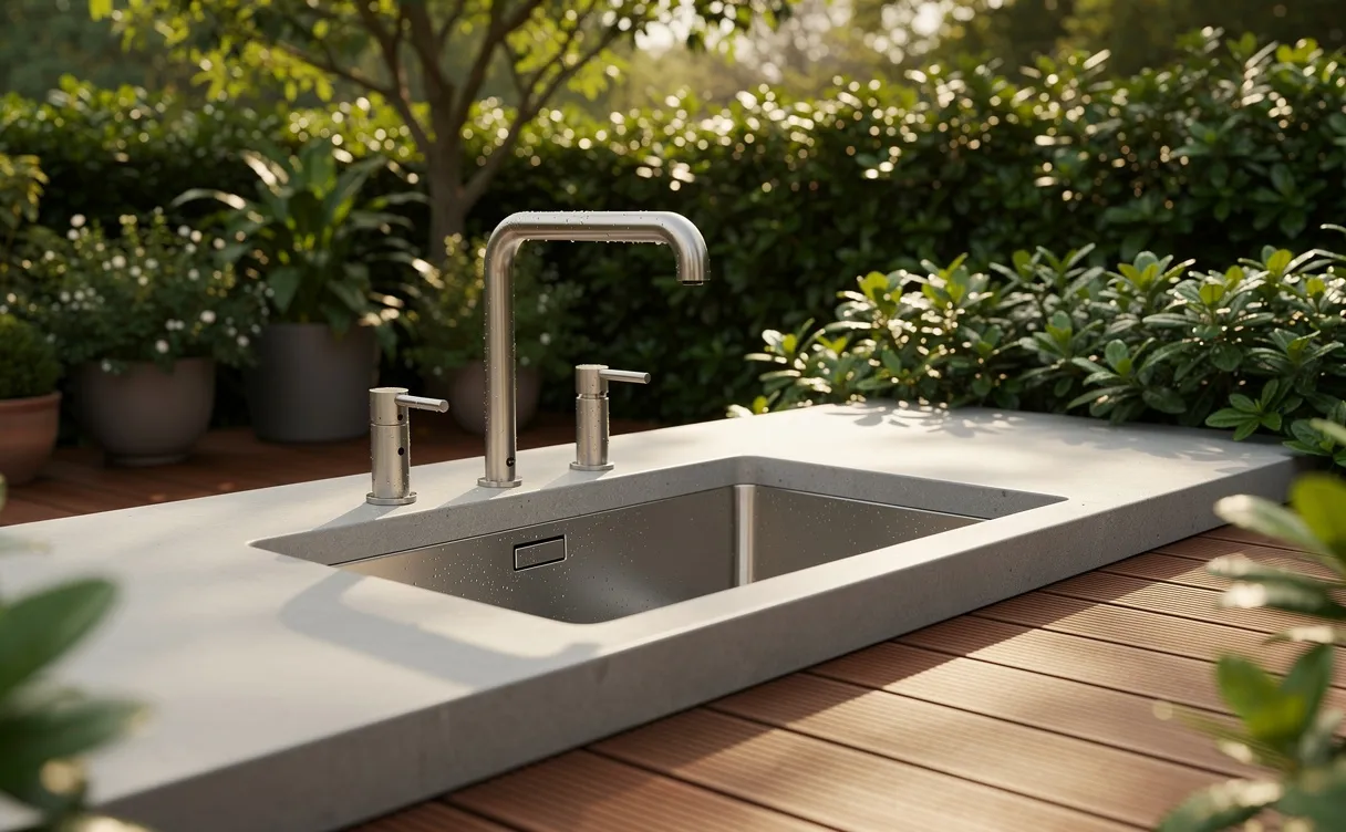 Un évier extérieur moderne avec robinetterie argentée et plan en pierre est installé sur une terrasse en bois entourée de verdure sous une lumière matinale filtrée.