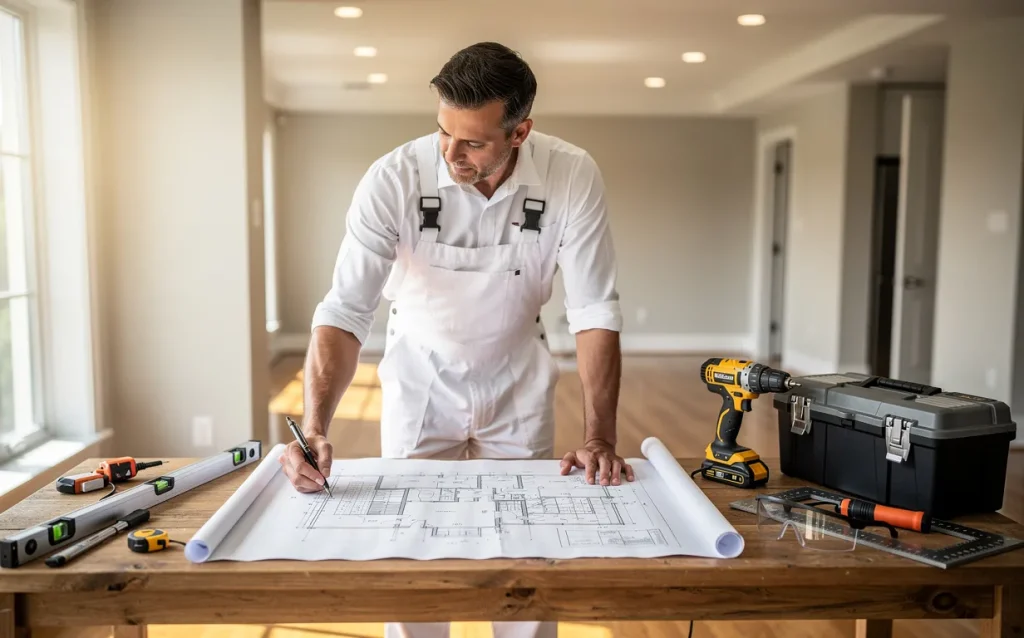 Un rénovateur en salopette consulte un plan sur un établi ensoleillé, entouré d’outils et d’un intérieur remis à neuf.