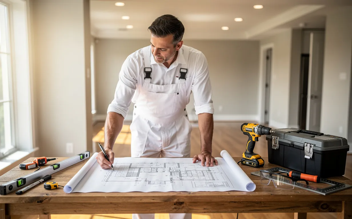 Un rénovateur en salopette consulte un plan sur un établi ensoleillé, entouré d’outils et d’un intérieur remis à neuf.