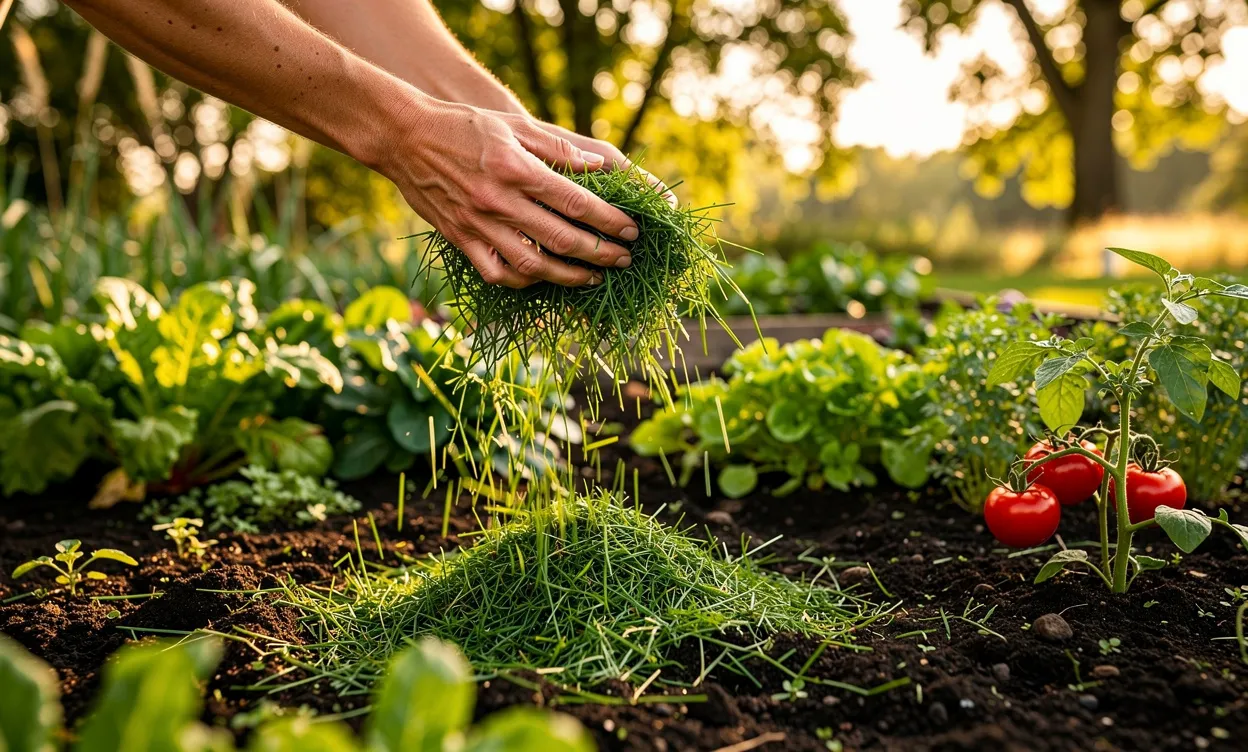 Deux mains dispersent délicatement des brins d’herbe fraîche sur un potager sous une lumière tamisée par les arbres.