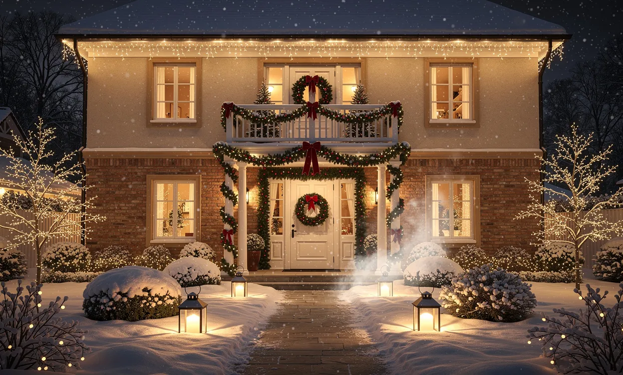 Un jardin et une maison décorés de guirlandes lumineuses, de lanternes, de couronnes de Noël et d’une fine couche de neige sous un éclairage doré nocturne.