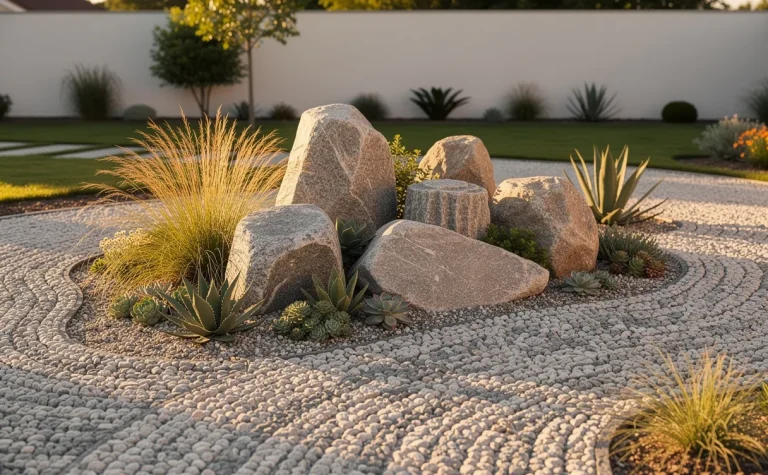 Jardin de rocaille moderne avec pierres sculptées, plantes résistantes à la sécheresse et allées de galets sous une lumière dorée.