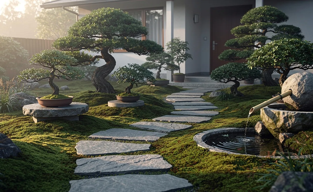 Jardin japonais paisible avec un sentier en pierre, mousses verdoyantes, bonsaïs taillés et point d’eau près de l’entrée sous une lumière matinale.