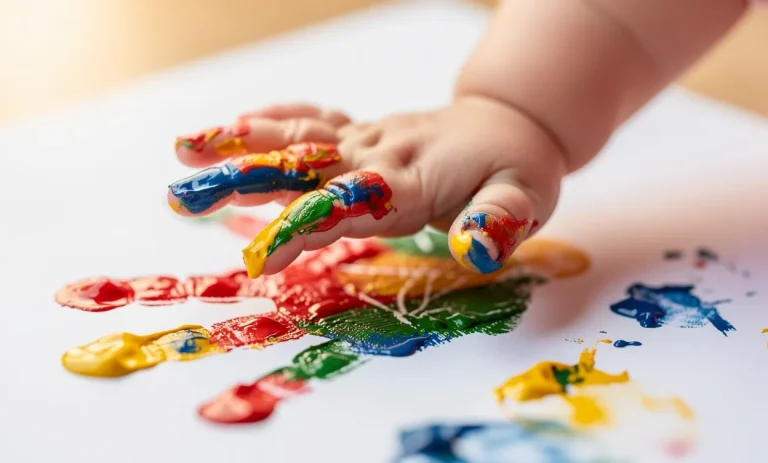 Main de bébé couverte de peinture colorée appuyée sur une feuille blanche avec des éclaboussures autour.