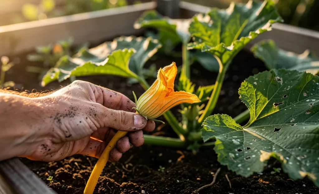 Main d’un jardinier tenant délicatement une fleur mâle de courgette parmi des plants de courgettes verts sous la lumière du matin.