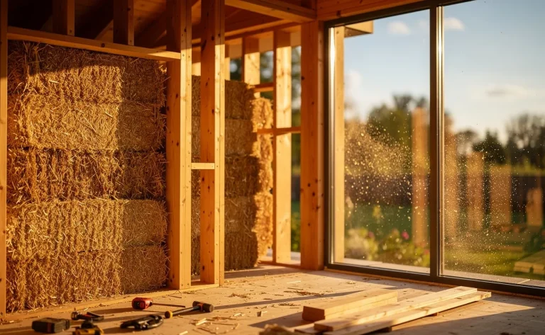 Maison écologique en construction avec des bottes de paille utilisées comme isolation entre des poutres en bois, éclairée par la lumière dorée du soleil à travers une grande fenêtre.