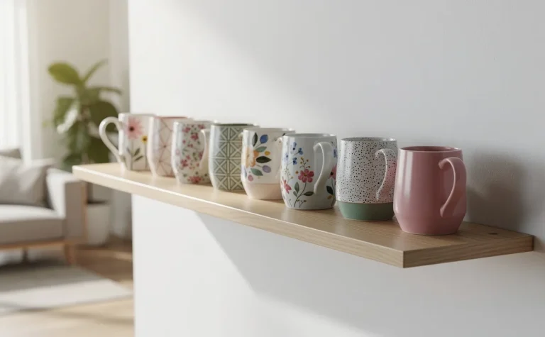 Des mugs en céramique variés aux motifs singuliers sont posés sur une étagère en bois dans un salon moderne baigné de lumière naturelle.