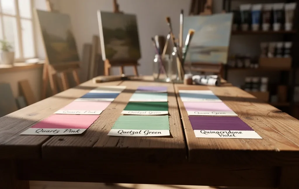 Un atelier d’artiste baigné de lumière naturelle montre des échantillons de couleurs rares commençant par Q, comme quartz rose, vert quetzal et violet quinacridone, disposés sur une table en bois.