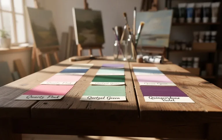 Un atelier d’artiste baigné de lumière naturelle montre des échantillons de couleurs rares commençant par Q, comme quartz rose, vert quetzal et violet quinacridone, disposés sur une table en bois.