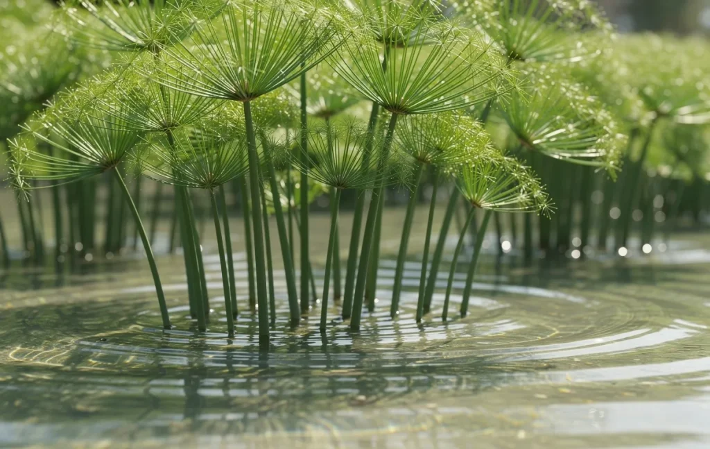 Des papyrus verts poussent dans de l’eau claire, éclairés par une lumière douce et des reflets sur les vaguelettes.